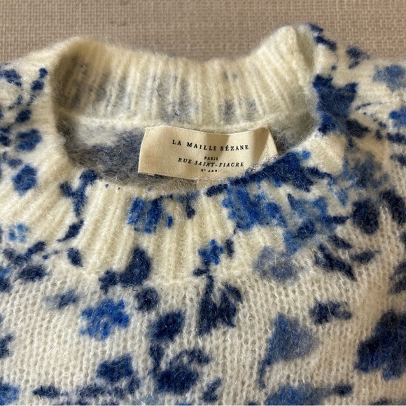 BEST Sezane Amaya Jumper Peonies Blue Ecru Ivory Floral Sweater Kid Mohair Frenc - Picture 7 of 13